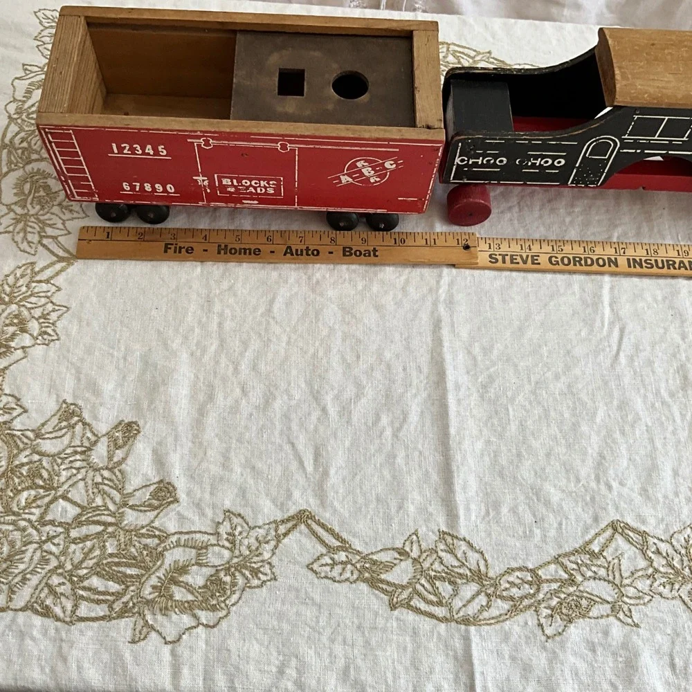 Vintage Wooden Toy Train‎ Set Choo-Choo Engine and ABC Blocks Beads Boxcar 50's